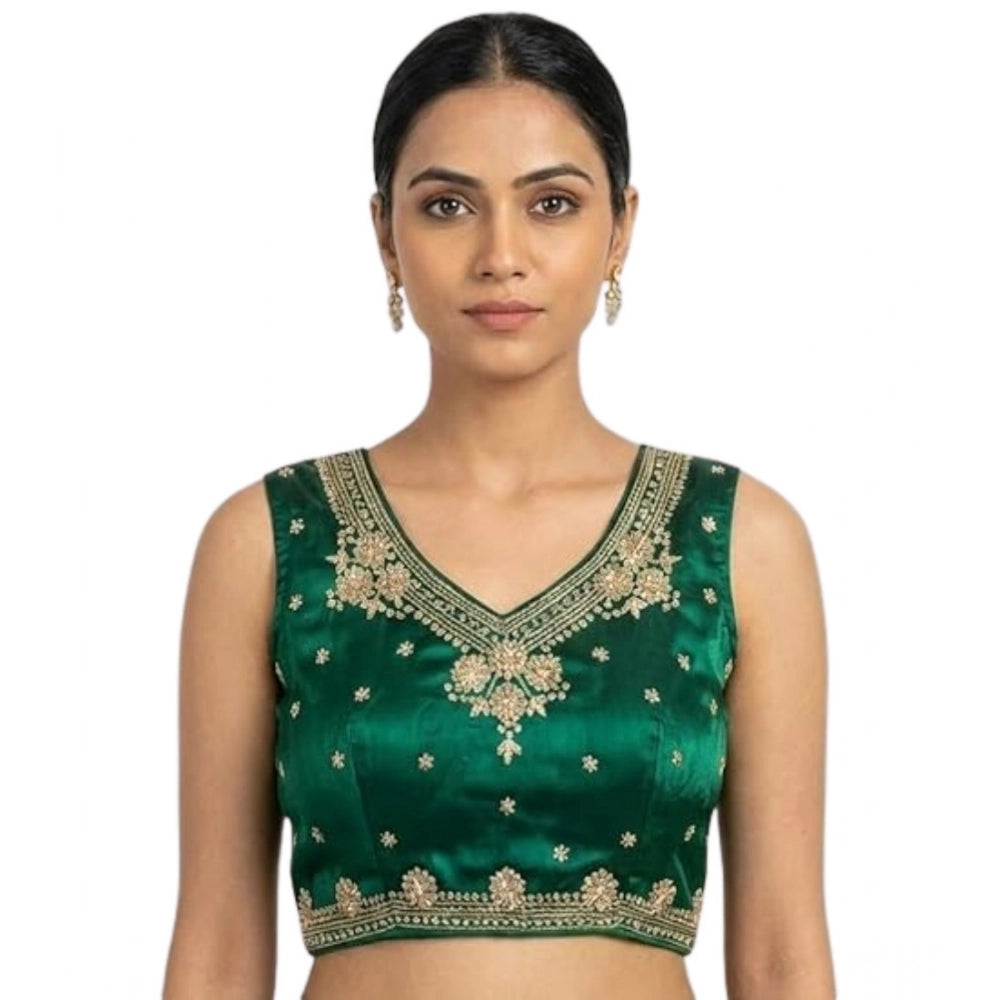Vaystra Silk Embroidered V-Neck Sleeveless Readymade Padded Blouse – Green