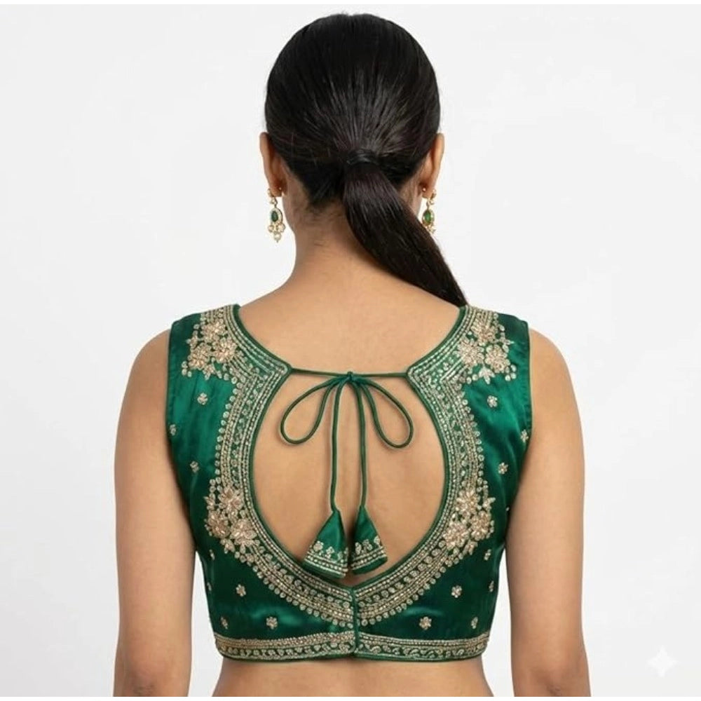 Vaystra Silk Embroidered V-Neck Sleeveless Readymade Padded Blouse – Green