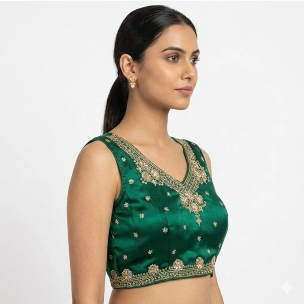 Vaystra Silk Embroidered V-Neck Sleeveless Readymade Padded Blouse – Green