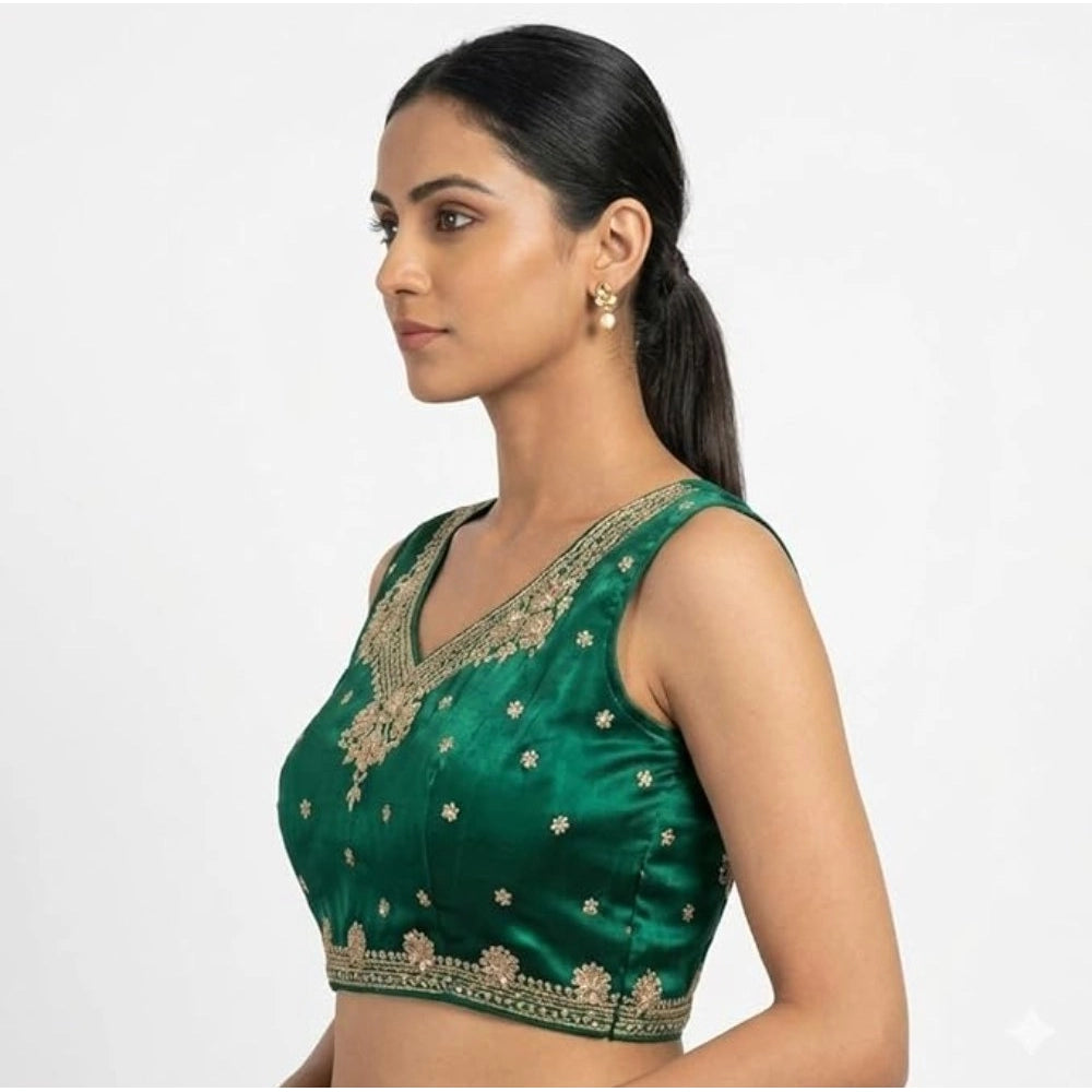 Vaystra Silk Embroidered V-Neck Sleeveless Readymade Padded Blouse – Green