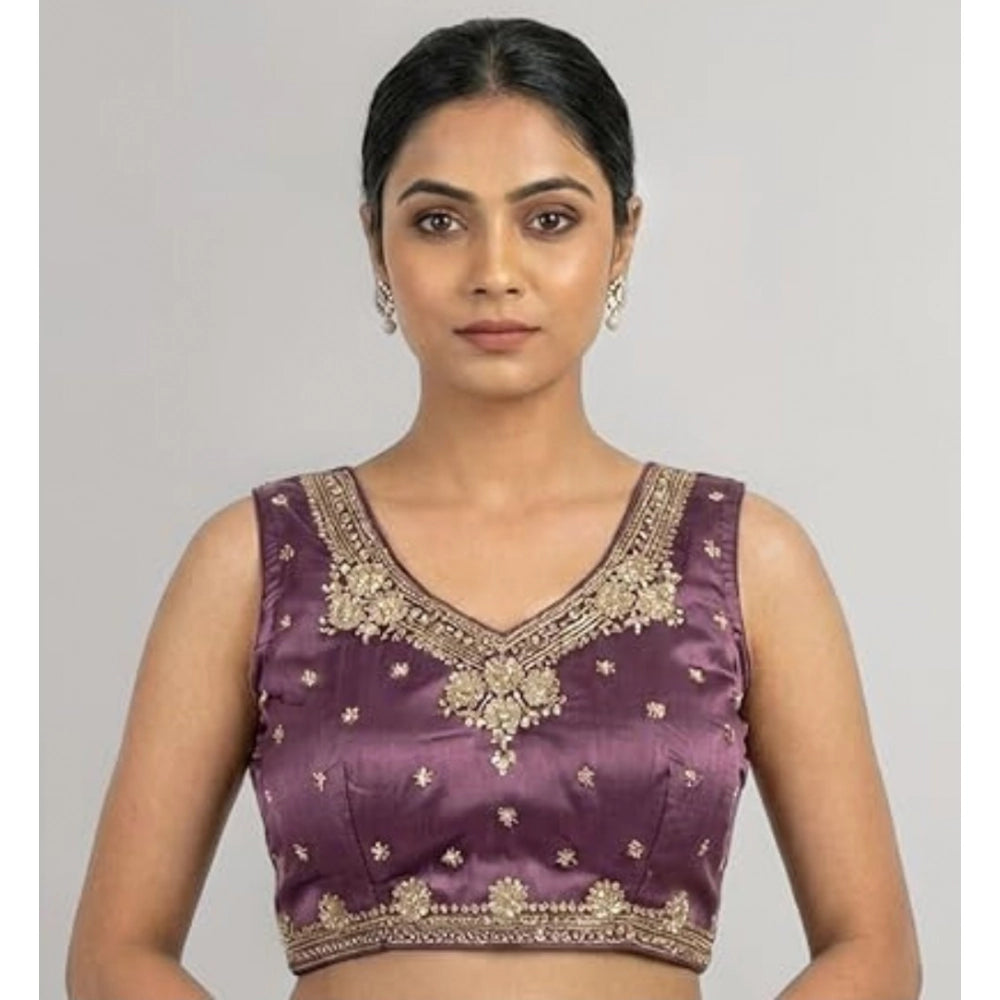 Vaystra Silk Embroidered V-Neck Sleeveless Readymade Padded Blouse – Purple