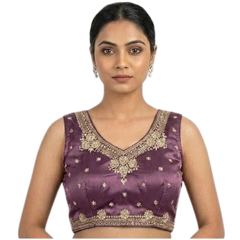 Vaystra Silk Embroidered V-Neck Sleeveless Readymade Padded Blouse – Purple