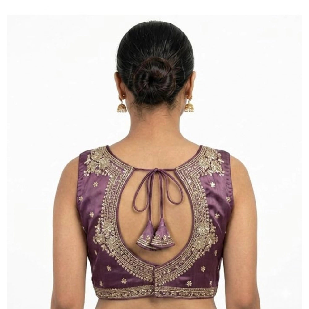 Vaystra Silk Embroidered V-Neck Sleeveless Readymade Padded Blouse – Purple