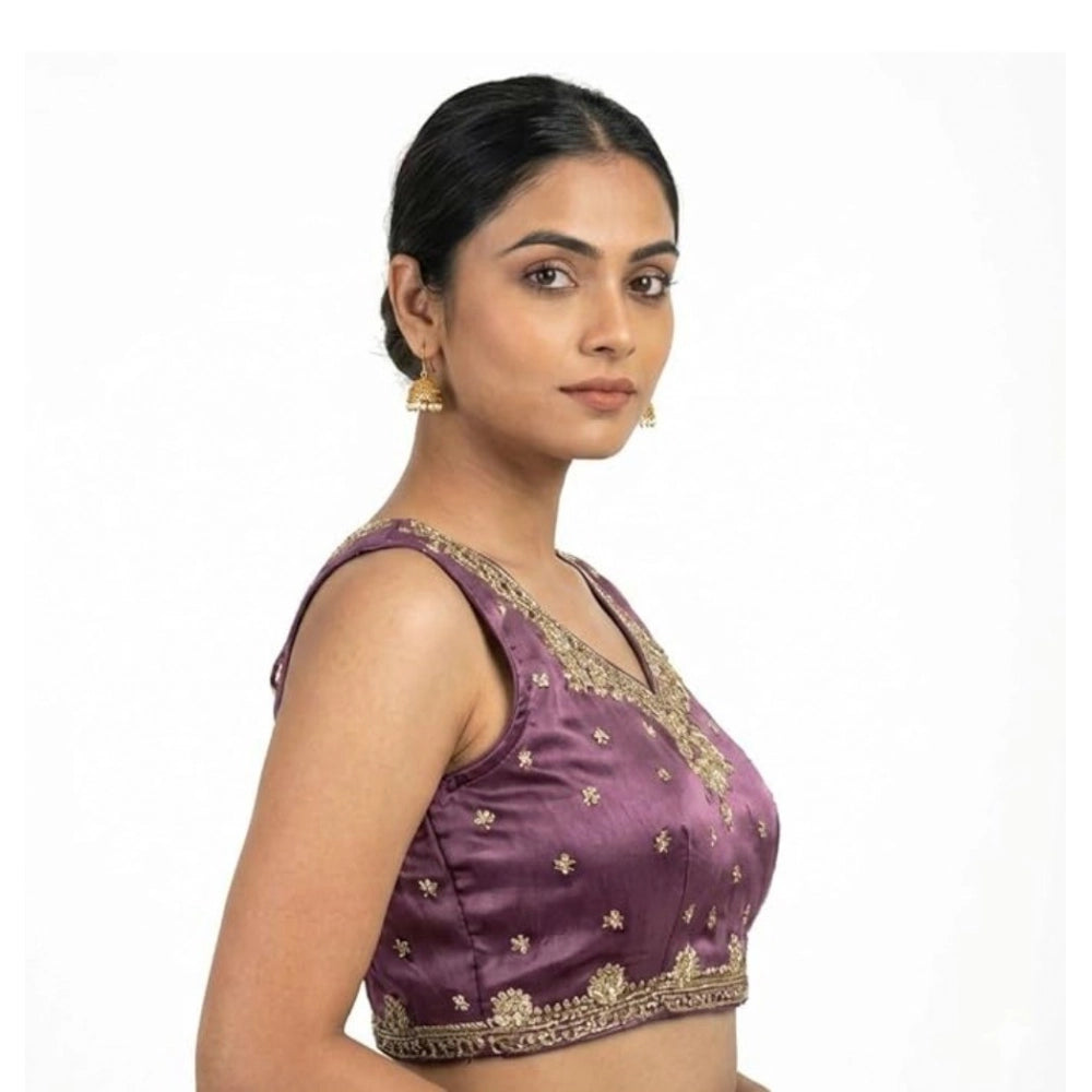 Vaystra Silk Embroidered V-Neck Sleeveless Readymade Padded Blouse – Purple