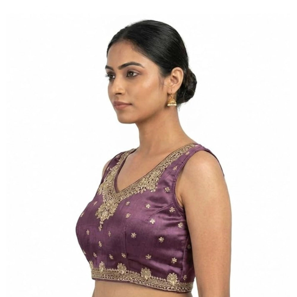 Vaystra Silk Embroidered V-Neck Sleeveless Readymade Padded Blouse – Purple