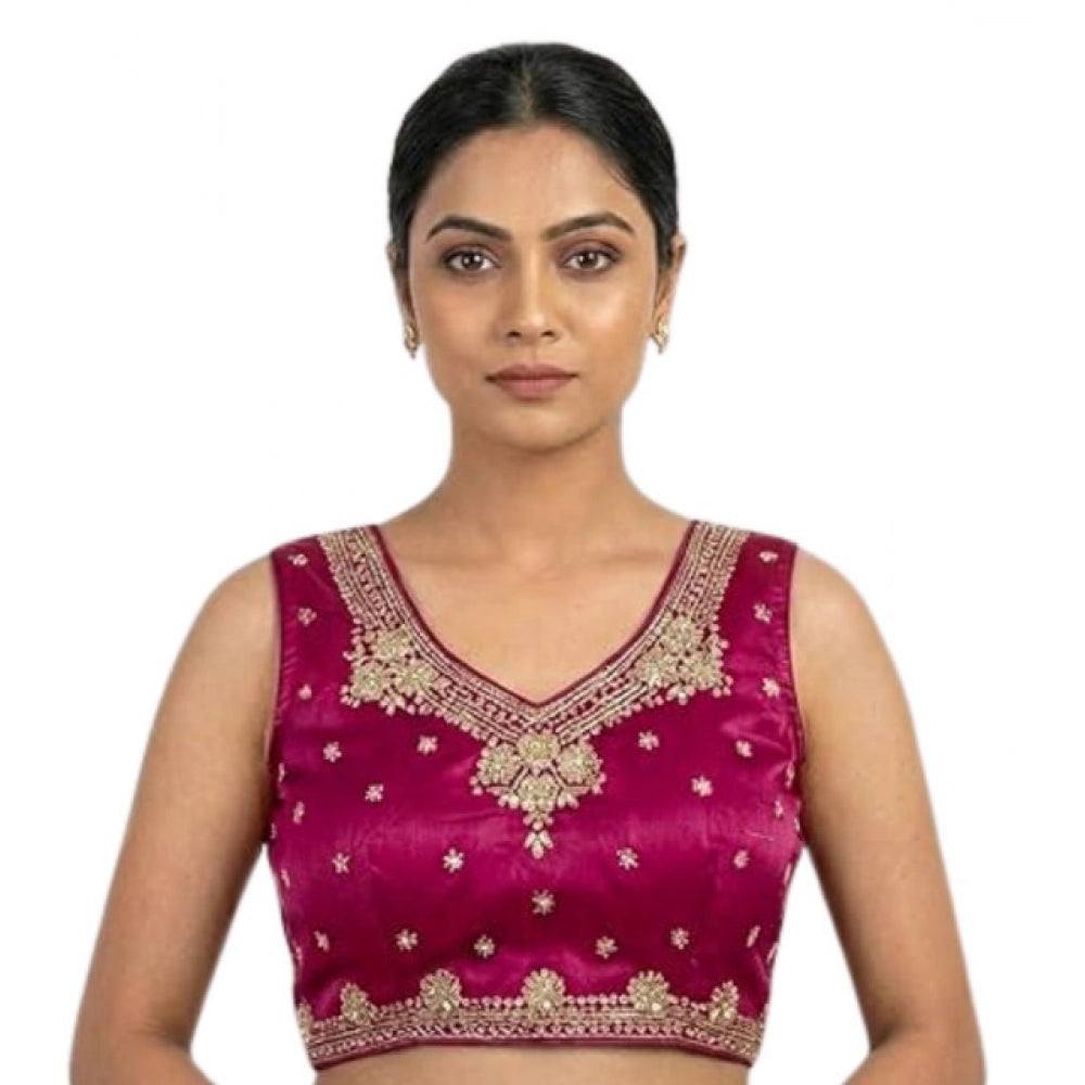 Vaystra Silk Embroidered V-Neck Sleeveless Readymade Padded Blouse – Pink