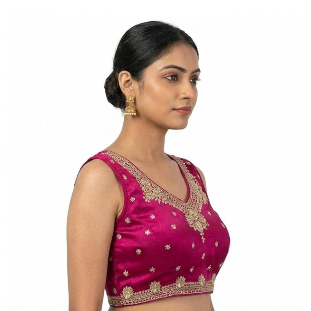 Vaystra Silk Embroidered V-Neck Sleeveless Readymade Padded Blouse – Pink