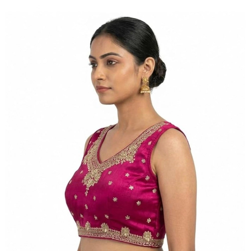 Vaystra Silk Embroidered V-Neck Sleeveless Readymade Padded Blouse – Pink