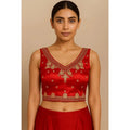 Vaystra Silk Embroidered V-Neck Sleeveless Readymade Padded Blouse – Red