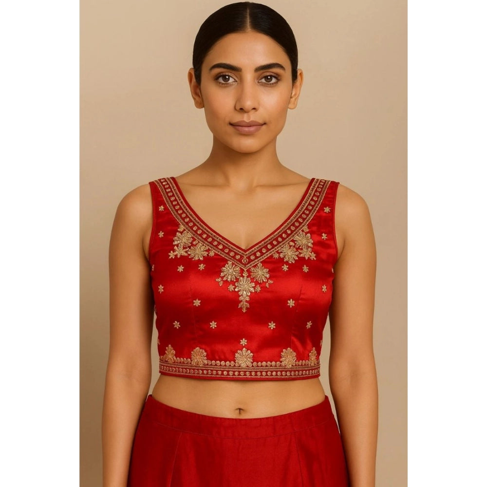 Vaystra Silk Embroidered V-Neck Sleeveless Readymade Padded Blouse – Red