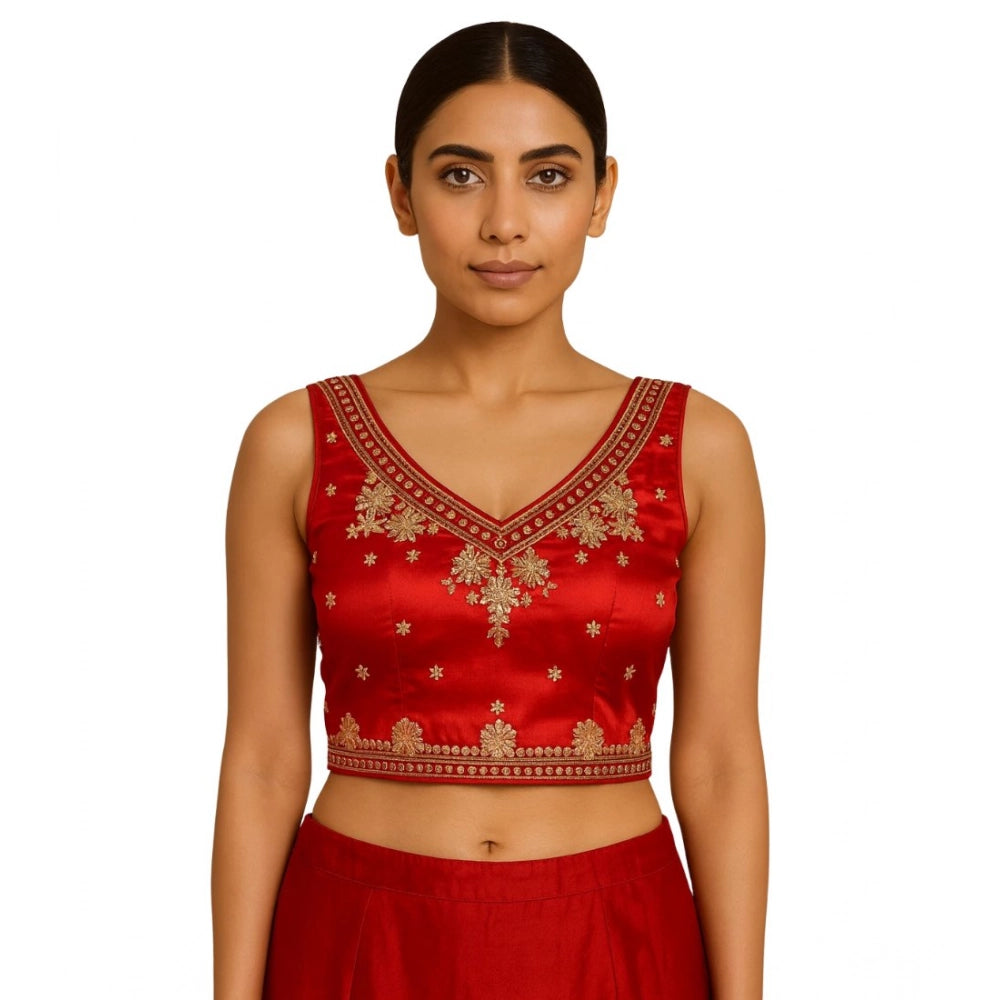Vaystra Silk Embroidered V-Neck Sleeveless Readymade Padded Blouse – Red