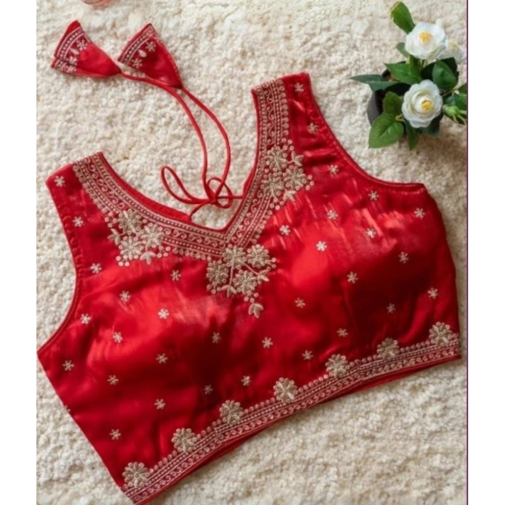 Vaystra Silk Embroidered V-Neck Sleeveless Readymade Padded Blouse – Red