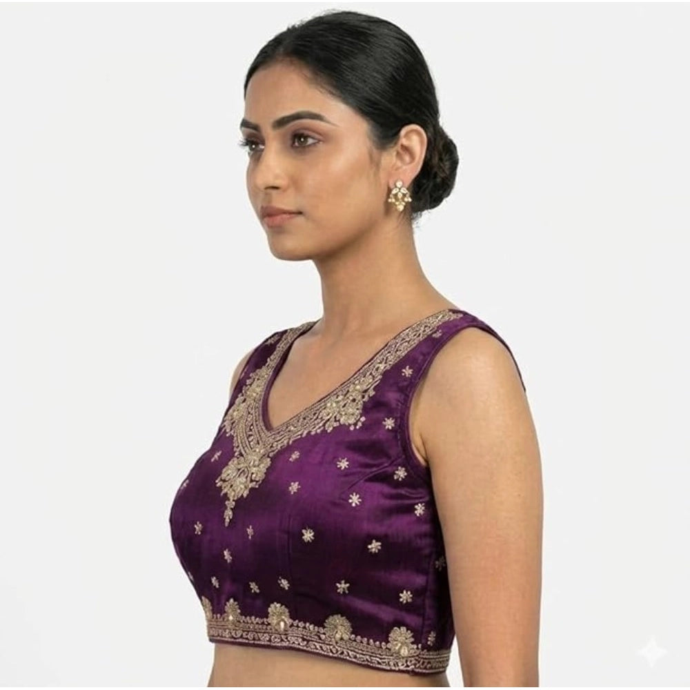Vaystra Silk Embroidered V-Neck Sleeveless Readymade Padded Blouse – Wine