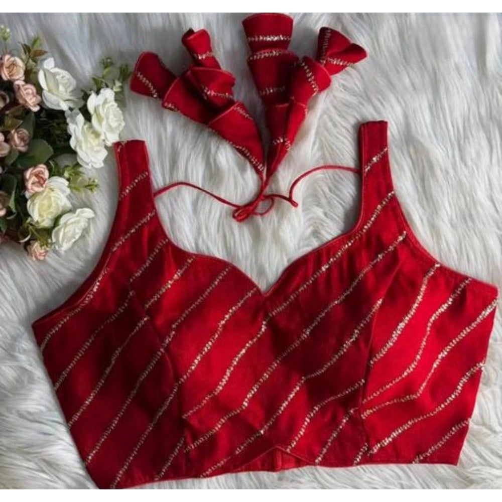 Vaystra Silk Embellished Sweetheart Neck Sleeveless Readymade Padded Blouse – Red