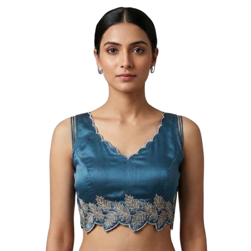 Vaystra Silk Embroidered Sweetheart Neck Sleeveless Readymade Padded Blouse – Blue